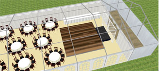 3D plan showing catering area at rear
